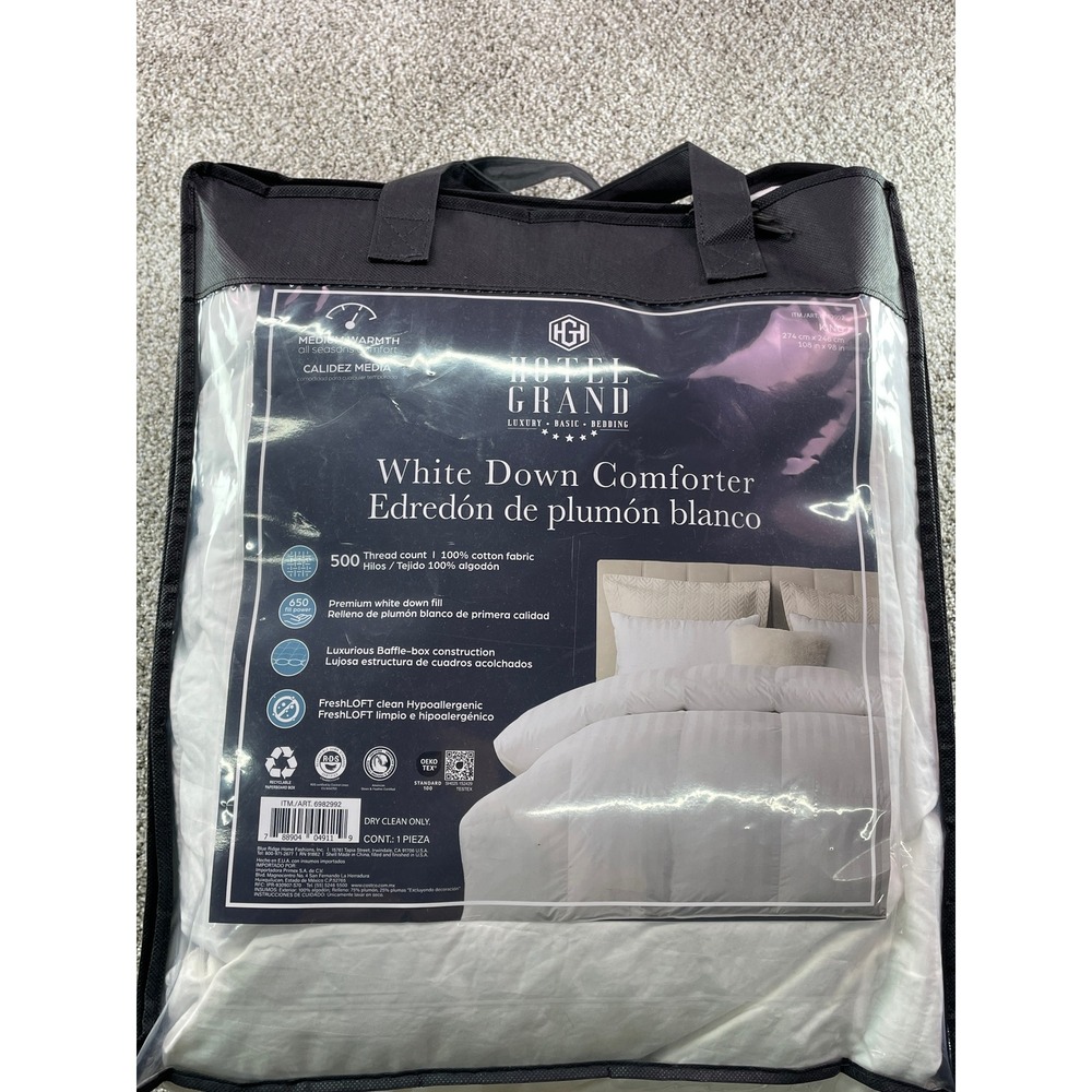 Hotel Grand White Down Comforter King White NEW 500TC Medium Warmth Baffle Box